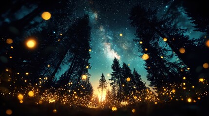 Naklejka premium A night-time forest scene captured from the ground, featuring tall trees with intricate silhouettes against a starry sky. The forest floor is covered in lush undergrowth and patches of bioluminescent
