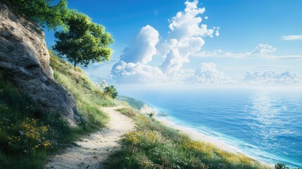 Serene coastal cliffside with a winding path and ocean views, peaceful and scenic landscape under a bright blue sky