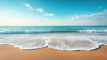 Serene coastal landscape with a sandy beach and gentle waves lapping at the shore, peaceful and relaxing under a clear blue sky