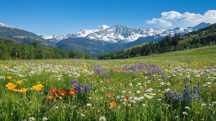 Fototapeta premium Serene mountain meadow with wildflowers in full bloom, snow-capped peaks in the background under a clear blue sky