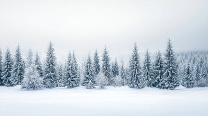 Fototapeta premium Snow-covered pine forest under a pale winter sky, tranquil and serene winter landscape scene