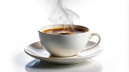 A warm and inviting steaming cup of coffee sits isolated on a pristine white background, evoking feelings of comfort and morning tranquility.
