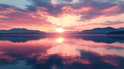Sunset over a calm lake with reflections of the sky and distant mountains, tranquil and peaceful landscape scene