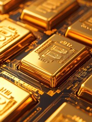 Close-up of gleaming gold bars arranged on a circuit board, symbolizing wealth, technology, and investment.