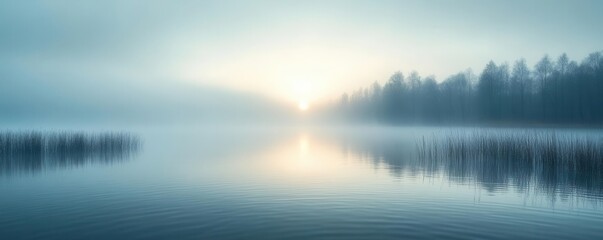 Obraz premium Drifting fog over a still lake at dawn, foggy weather, calm and ethereal