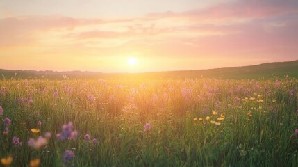 Sunset over a vast field of wildflowers, soft pink and orange hues in the sky, peaceful and serene landscape scene