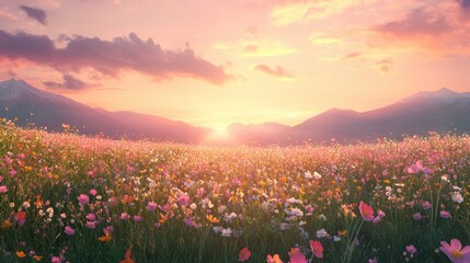 Sunset over a vast field of wildflowers, soft pink and orange hues in the sky, peaceful and serene landscape scene