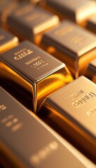 Close-up view of gleaming gold bars, symbolizing wealth and luxury, ideal for finance and investment themes.