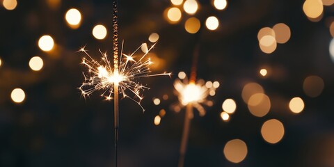Sylvester New Year, New Year's Eve 2025 party event celebration holiday greeting card - Closeup of sparkling sparklers and bokeh lights in the background，Greeting Cards, and Marketing Campaigns. Joyfu