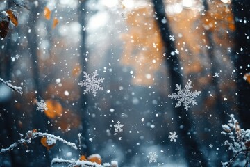 Snowflakes gently falling in a quiet forest, winter weather, serene and peaceful