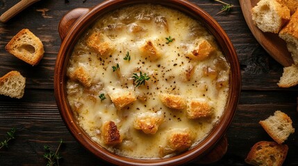Top view of a bowl of creamy French onion soup with melted cheese and croutons on a dark wooden table19