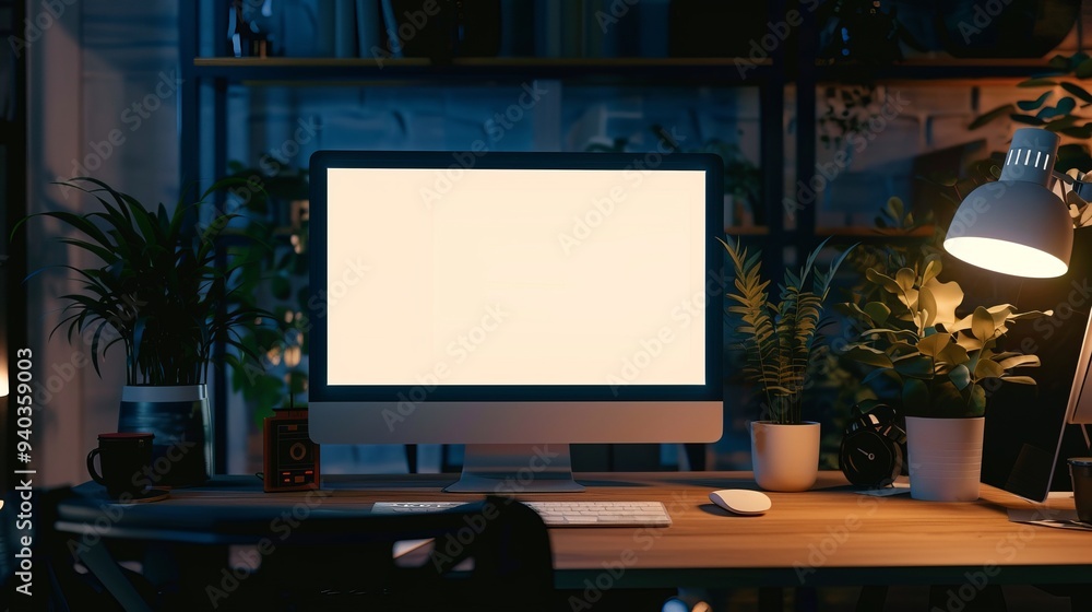 Poster modern office desk with blank computer monitor, sleek minimalist setup featuring a white screen on a