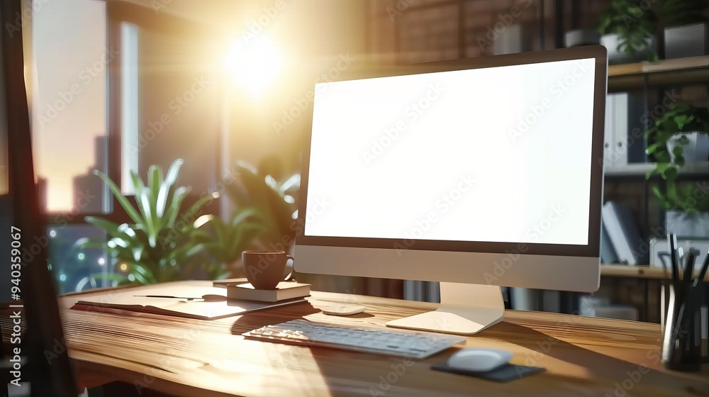 Poster modern office desk with blank computer monitor, sleek minimalist setup featuring a white screen on a