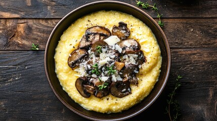 Top view of a bowl of creamy polenta with grilled mushrooms and parmesan on a dark wooden table