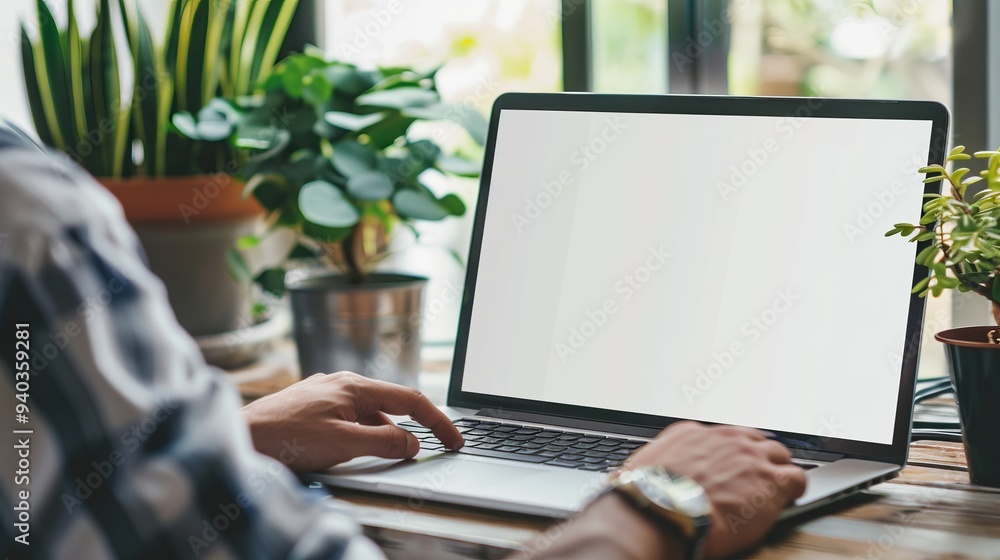 Poster mockup image of a blank screen laptop on a white background with hands typing on the keyboard, ideal
