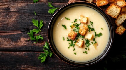 Top view of a bowl of creamy potato soup with croutons and fresh herbs on a dark wooden table