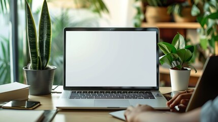 Fototapeta premium Mockup image of a blank screen laptop on a white background with hands typing on the keyboard, ideal for advertising text, business contact information, and marketing creative uses in a home office se