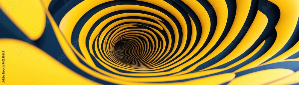Poster a vibrant yellow and black spiral pattern creating a mesmerizing tunnel effect, ideal for background