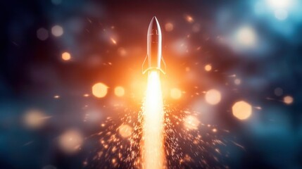 Fototapeta premium A stunning rocket launching into the sky, surrounded by bright sparks and glowing particles, symbolizing innovation and exploration.