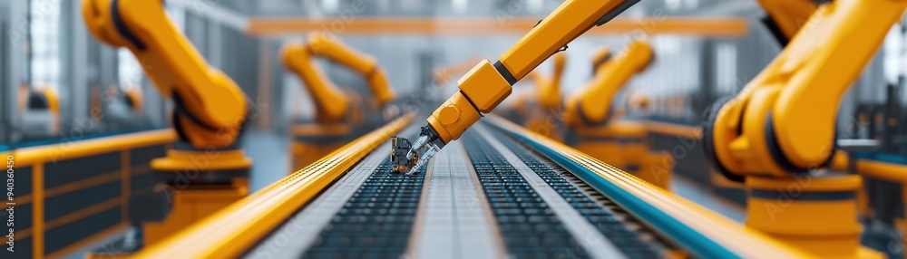 Poster modern factory with robotic arm assembly line equipment for precise manufacturing and automation in 