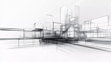 3D illustration abstract modern urban building out-line black and white drawing of imagination architecture building construction perspective design which is very beautiful