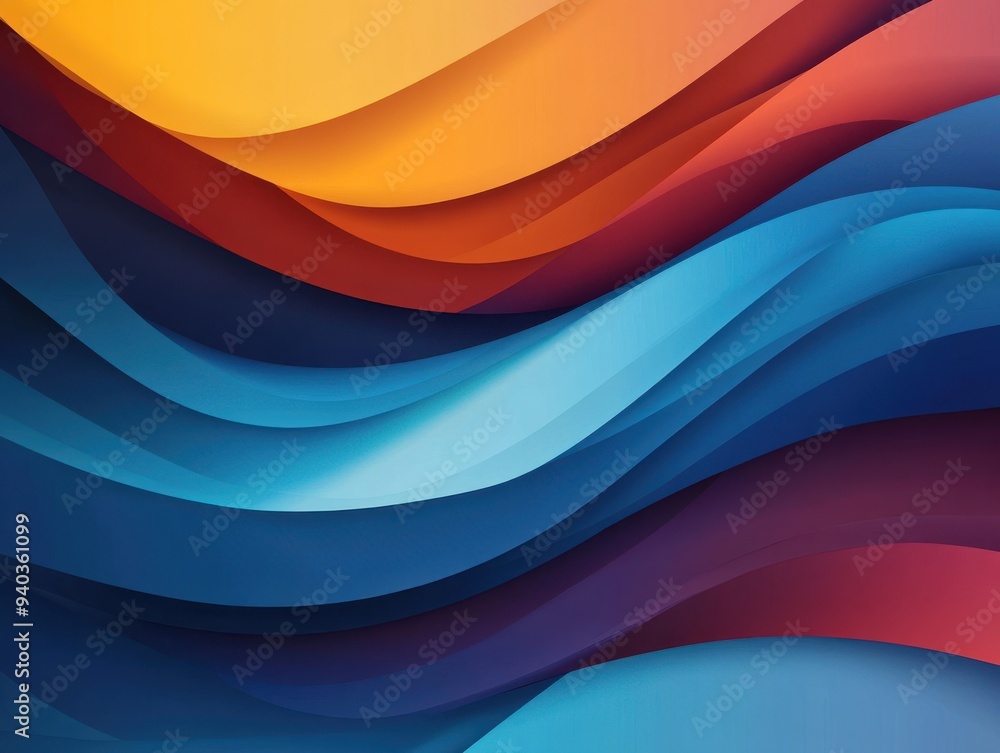 Poster vibrant abstract waves in orange, blue, and red, creating a dynamic and modern background for variou
