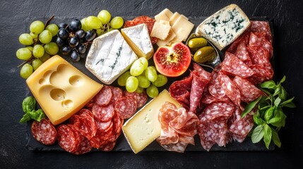 Top view of a charcuterie board with assorted cheeses, cured meats, and fresh fruit on a dark slate background