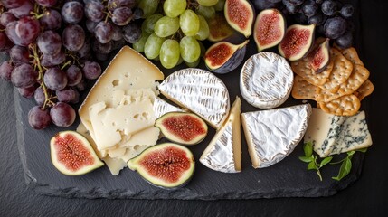 Top view of a gourmet cheese and fruit platter with assorted cheeses, grapes, and figs on a dark slate surface