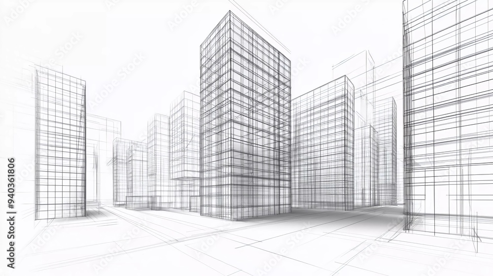 Fototapete 3d illustration abstract modern urban building out-line black and white drawing of imagination archi