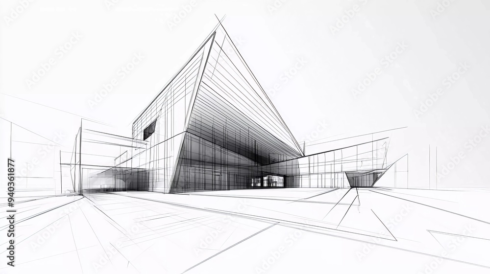 Fototapete 3d illustration abstract modern urban building out-line black and white drawing of imagination archi