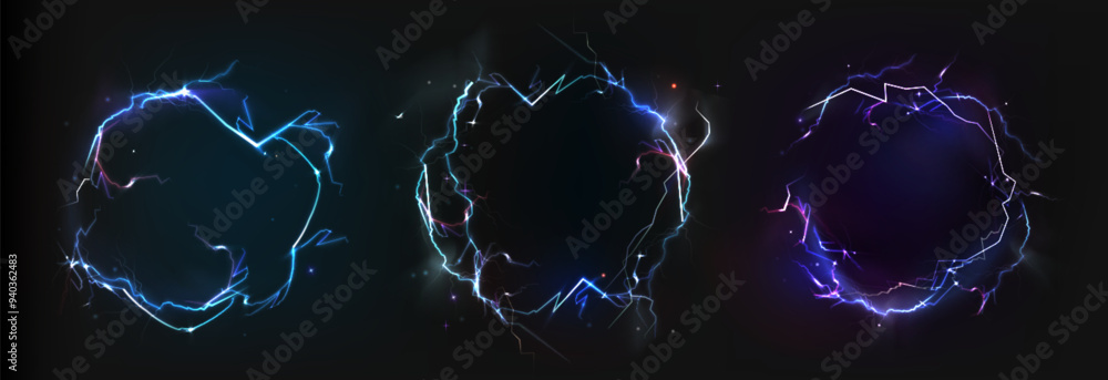 Poster round lightning frames set isolated on black background. vector realistic illustration of circular t