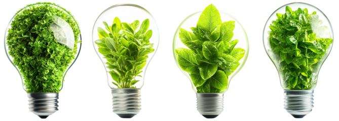 Eco-friendly light bulbs filled with lush greenery symbolize renewable energy and a sustainable future for our planet.