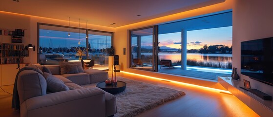 Fototapeta premium Illuminating Elegance: Smart Lighting System Enhancing a Contemporary Living Room Ambiance