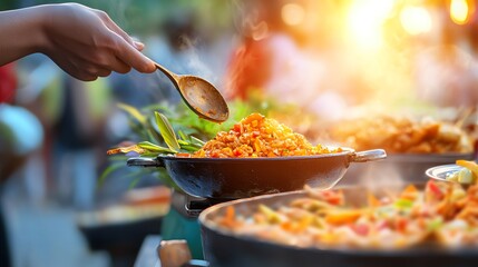 A cultural festival where participants respectfully share traditional, healthy dishes, vibrant colors, festive mood, photorealistic, focus on respect for traditions and health