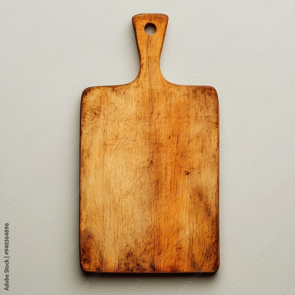 Poster close up of a wooden cutting board placed at the center of a light background creating a minimalist 