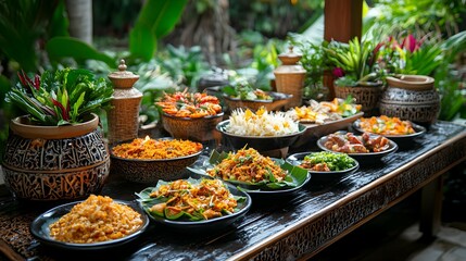 Fototapeta premium Delicious Asian Cuisine on a Rustic Wooden Table with Tropical Plants