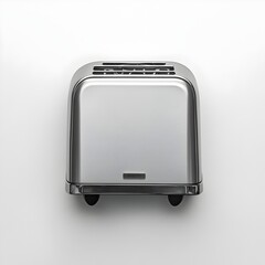Sleek and modern silver toaster placed at the center of a plain white surface creating a minimalist and clean product shot for kitchen and culinary related designs