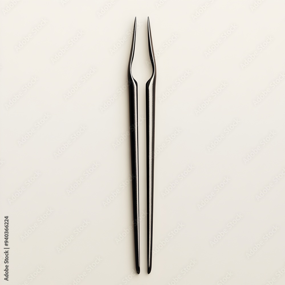 Poster a close up photograph of a pair of metallic tongs placed at the center of a light colored background