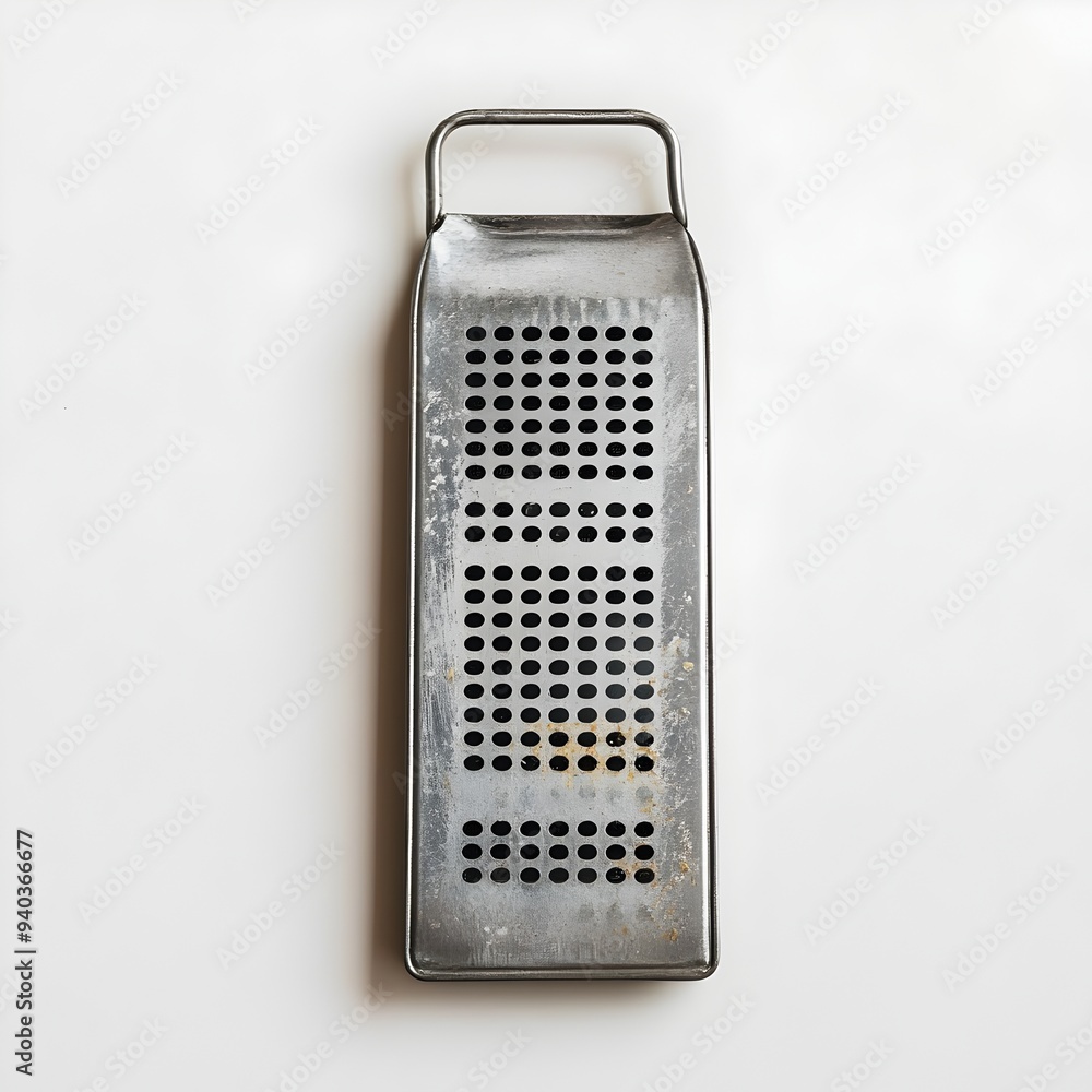 Poster closeup of a shiny metallic kitchen grater placed at the center of a light colored surface with a mi