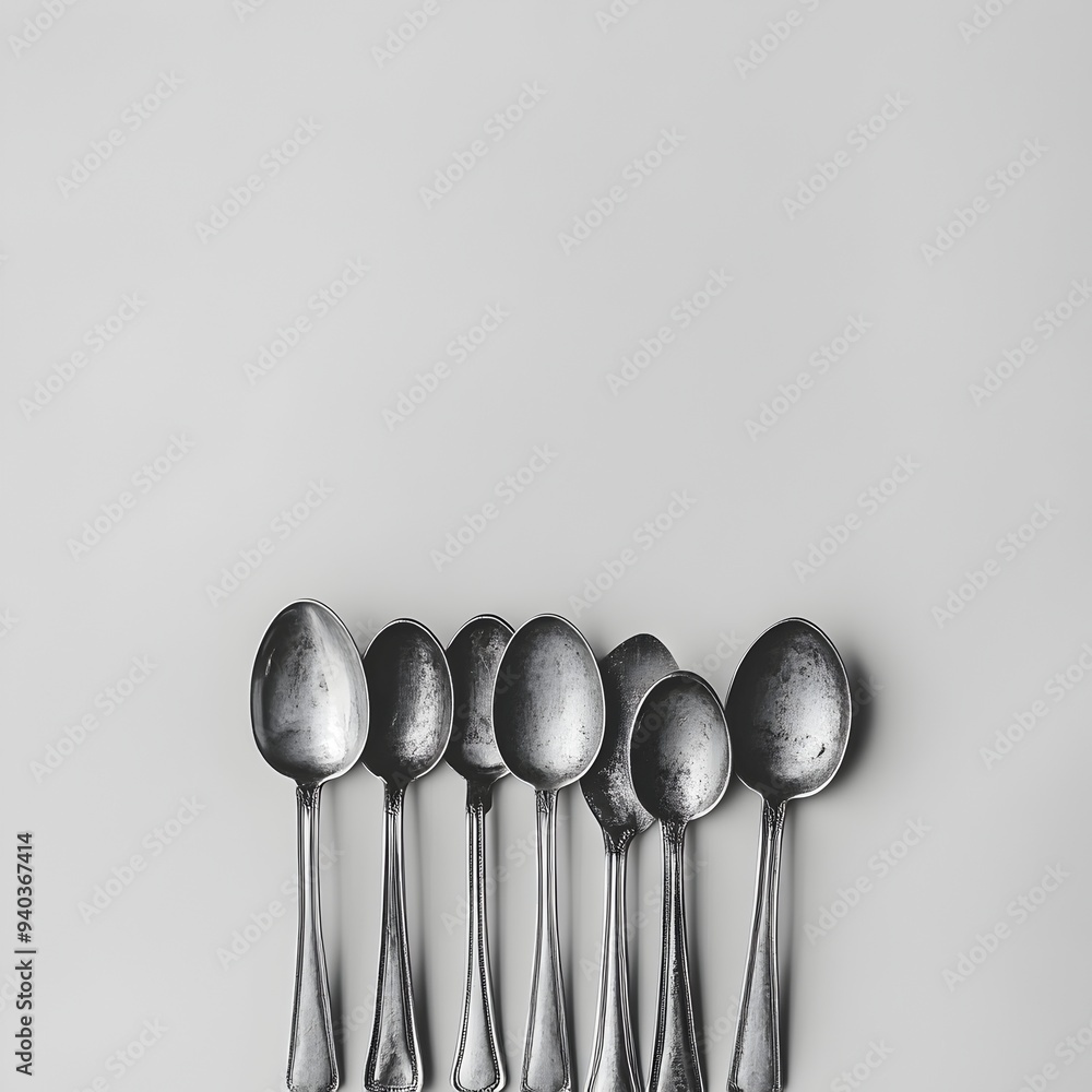 Poster a set of shiny metallic silver measuring spoons placed at the center of a plain uncluttered surface 