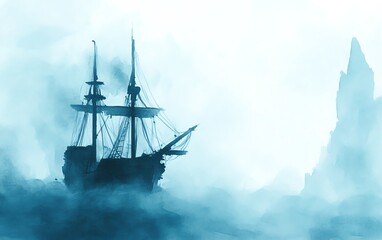 Obraz premium Ghostly pirate ship, emerging from the depths, eerie fog, Watercolor style