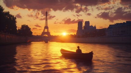 Naklejka premium A serene sunset boat ride on the Seine, with iconic landmarks and a calm, peaceful atmosphere.