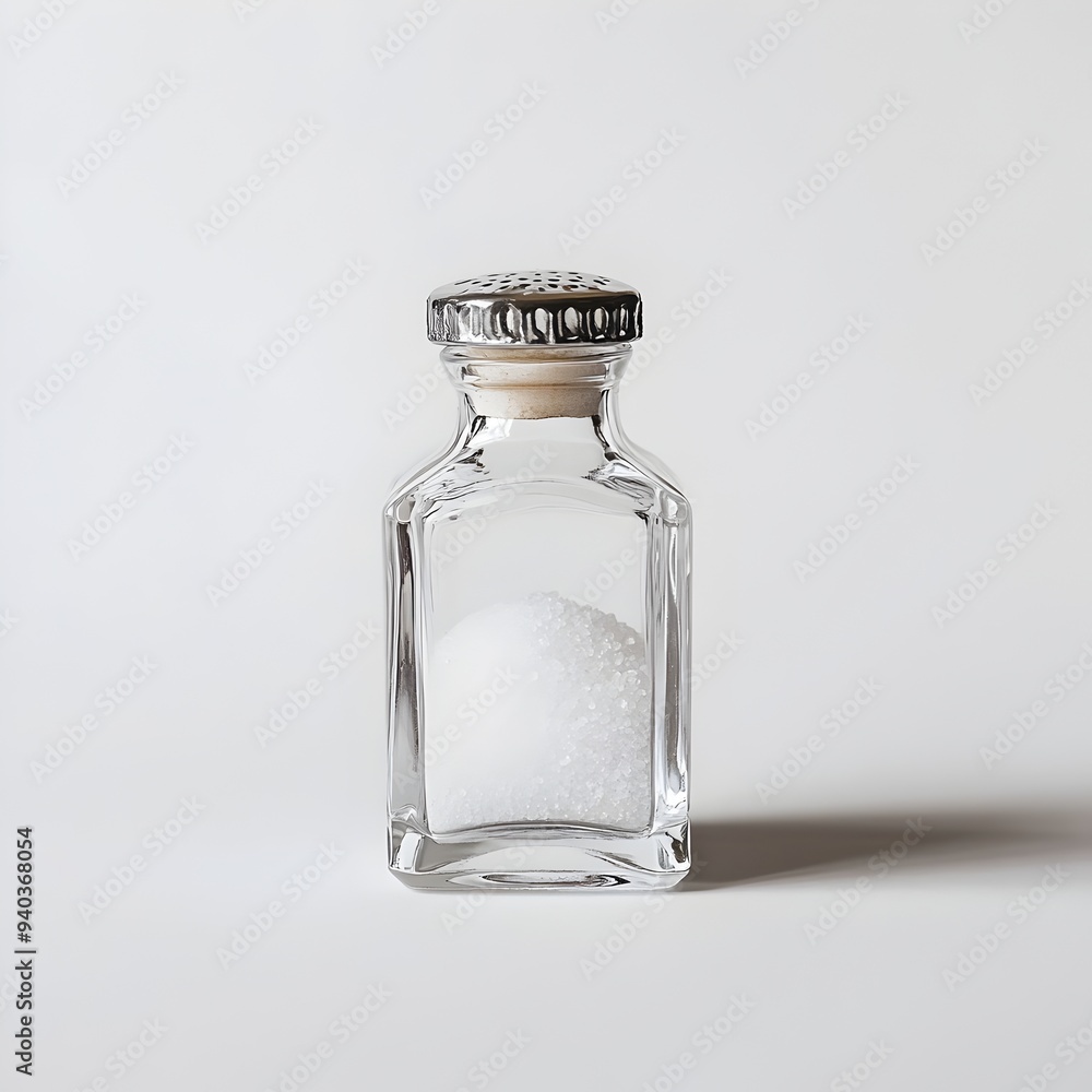 Poster a pristine glass salt shaker placed at the center of a clean white background highlighting the trans