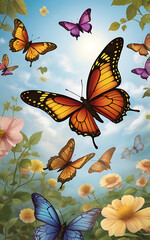 A metaphorical illustration of "ideas as butterflies," where colorful butterflies symbolize fleeting thoughts and inspirations, flitting about in a lush garden of imagination, with a serene sky and co