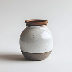 Minimalist ceramic cookie jar placed at the center of a pristine white studio background highlighting the simple and elegant design of the household storage container