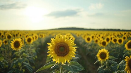 Vast sunflower field under a bright summer sky, rows of vibrant yellow flowers stretching into the distance, peaceful and abundant landscape