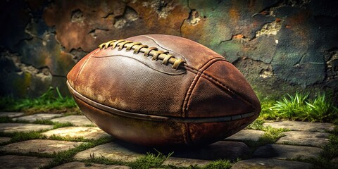 Obraz premium A worn, vintage leather football sits on a rough, stone-textured surface, surrounded by faint grassy streaks and subtle shadows, evoking a sense of nostalgic athletic nostalgia.