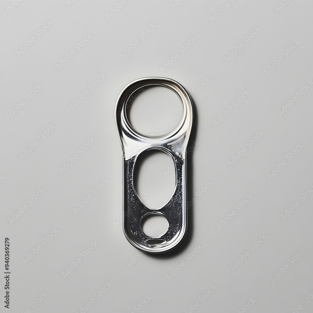 Poster closeup of a shiny metal can opener placed at the center of a light colored background showcasing it