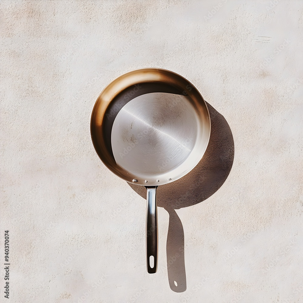 Poster stainless steel frying pan placed at the center of a light minimalist background the pan is isolated
