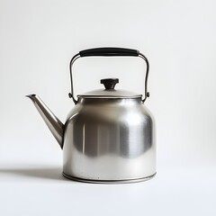 A stainless steel kettle placed at the center of a minimalist white background showcasing its shiny metallic finish and clean modern design
